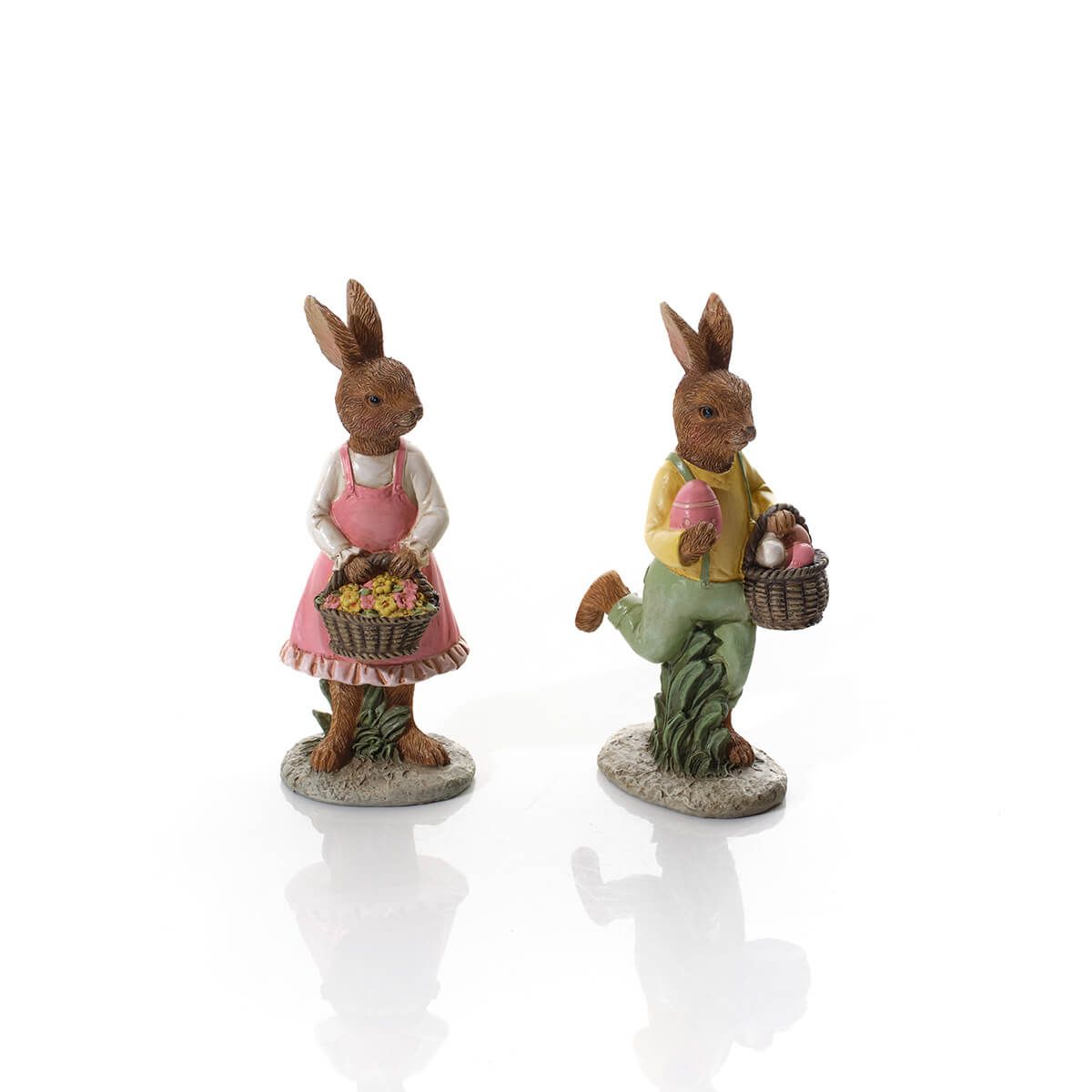 Meadow Fields Polyresin Mr and Mrs Dressed Rabbit with Basket Ornament 2 Asst