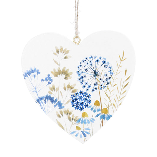 Blue Meadow Flat Wood Heart Decoration