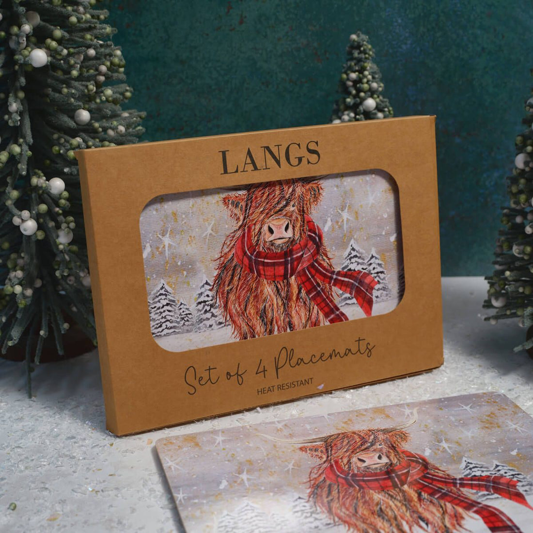 Highland Cow With Tartan Scarf Snow Scene Heat Resistant Placemat Box Of 4