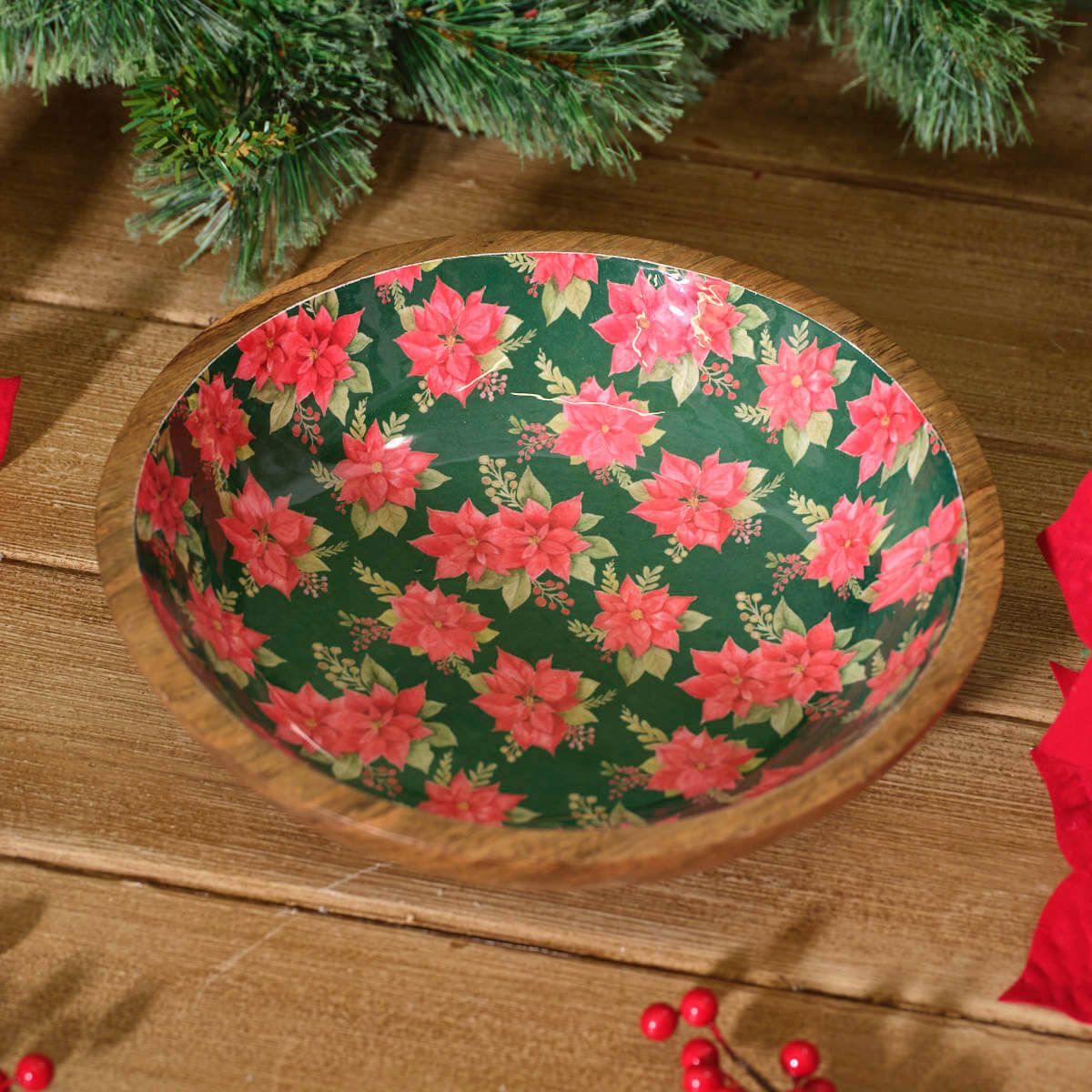 Poinsettia Mango Wood Enamel Repeat Pattern Bowl