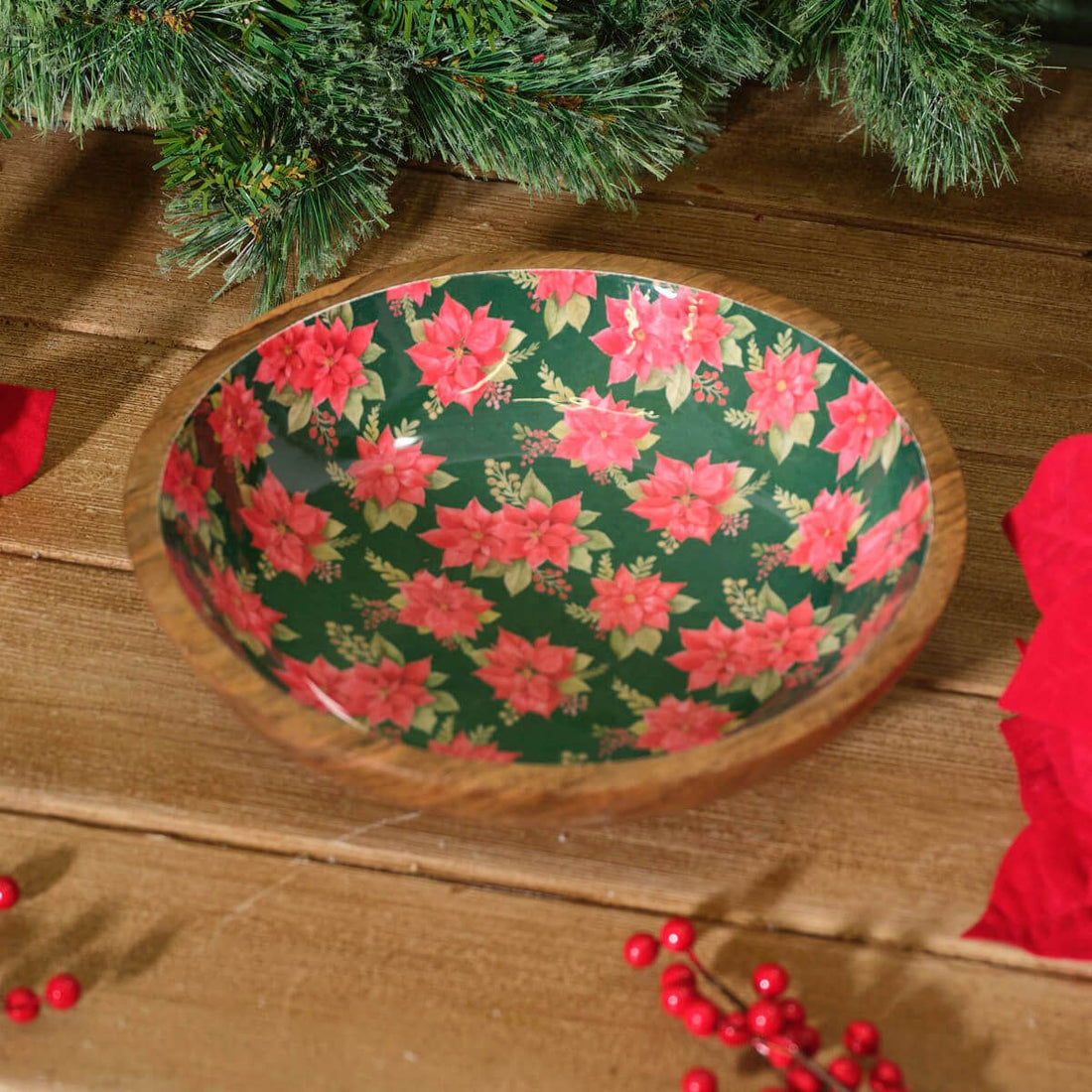 Poinsettia Mango Wood Enamel Repeat Pattern Bowl
