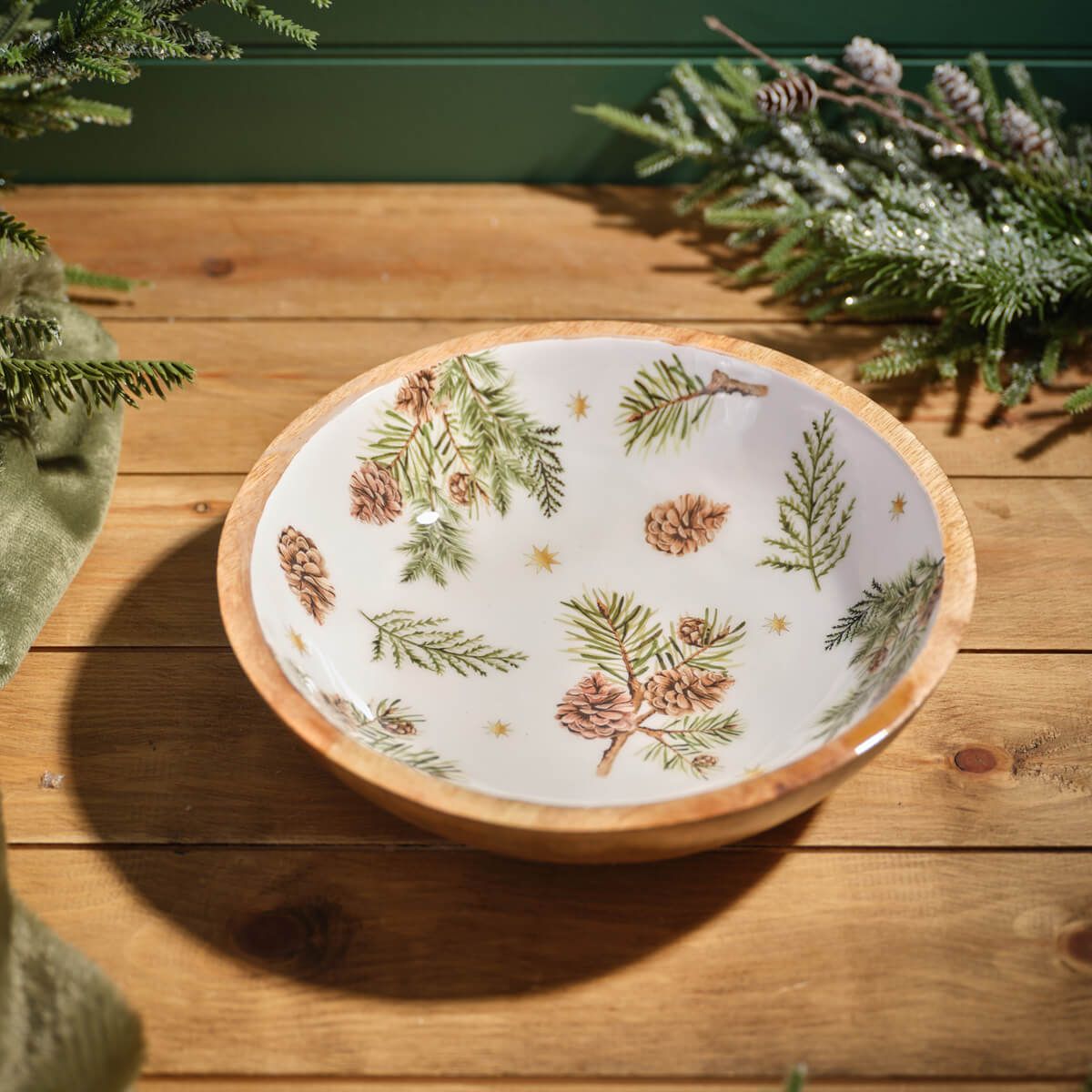 Evergreen Fir And Pinecone Mango Wood And Enamel Bowl