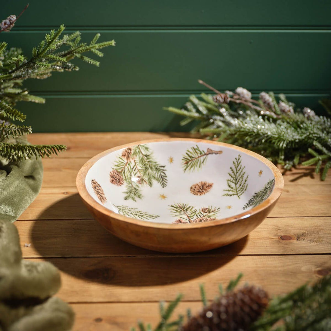 Evergreen Fir And Pinecone Mango Wood And Enamel Bowl