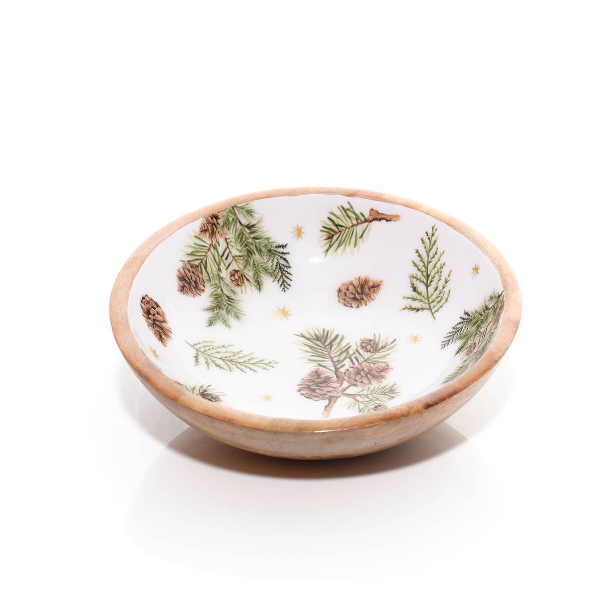 Evergreen Fir And Pinecone Mango Wood And Enamel Bowl