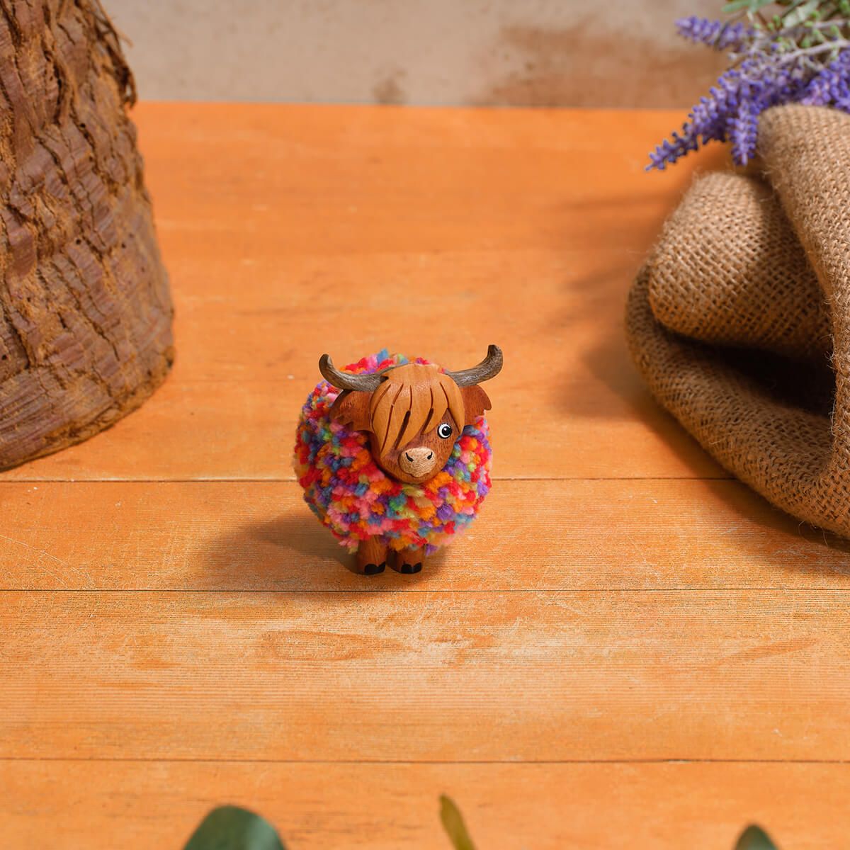 Highland Coo Rainbow Pom Pom Wooden Ornament
