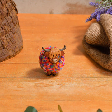 Highland Coo Rainbow Pom Pom Wooden Ornament