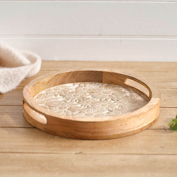 Antique White Mango Wood Embossed Flower Design Round Tray