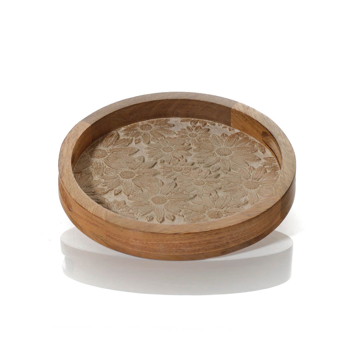 Antique White Mango Wood Embossed Flower Design Round Tray
