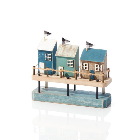 TRIPLE HOUSE ORNAMENT ON STILTS RUSTIC WOOD WITH FLAGS
