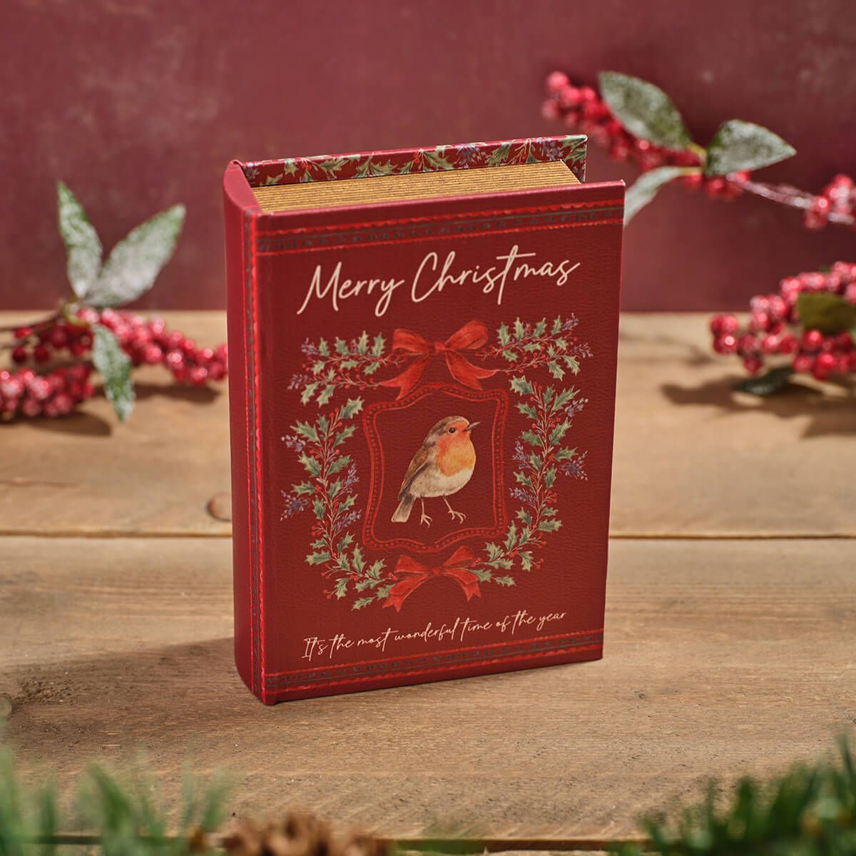 Robin Merry Christmas Faux Leather and Wood Book Box