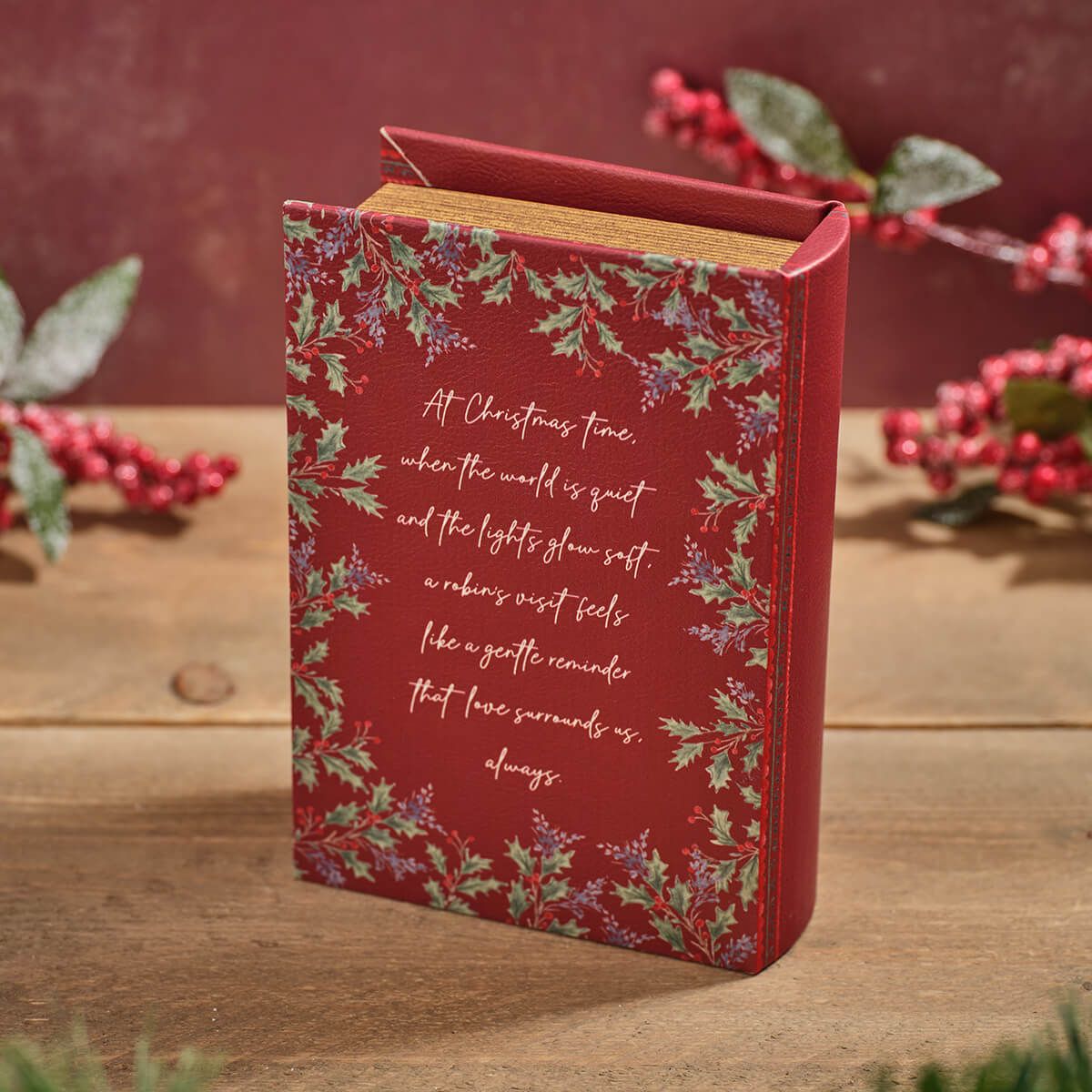 Robin Merry Christmas Faux Leather and Wood Book Box