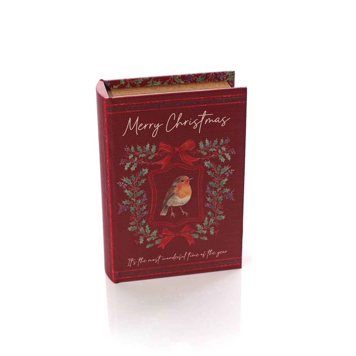 Robin Merry Christmas Faux Leather and Wood Book Box