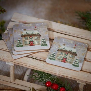 XMAS COTTAGE SCENE COASTER SET OF 4