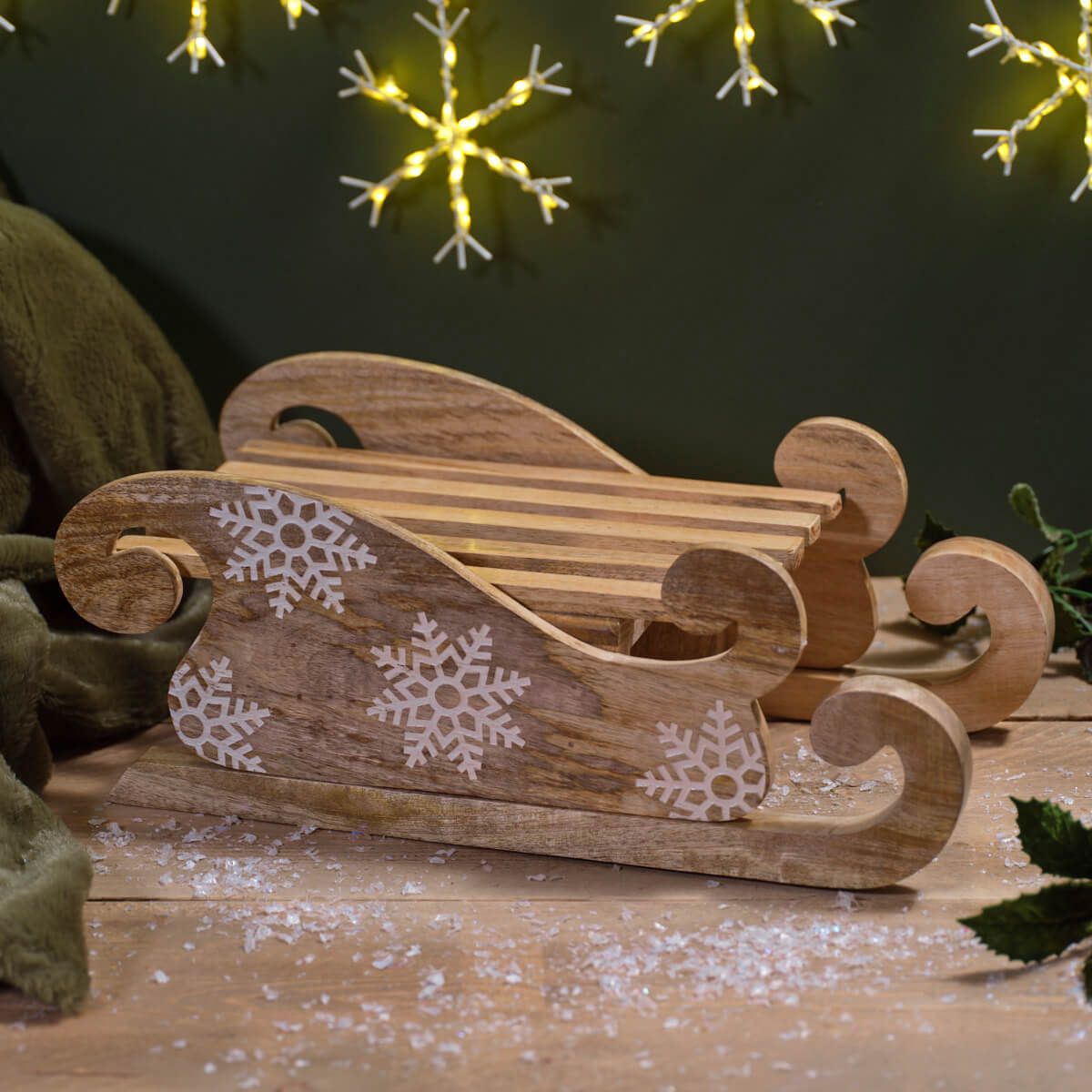 Christmas Mango Wood Sleigh with Snowflakes