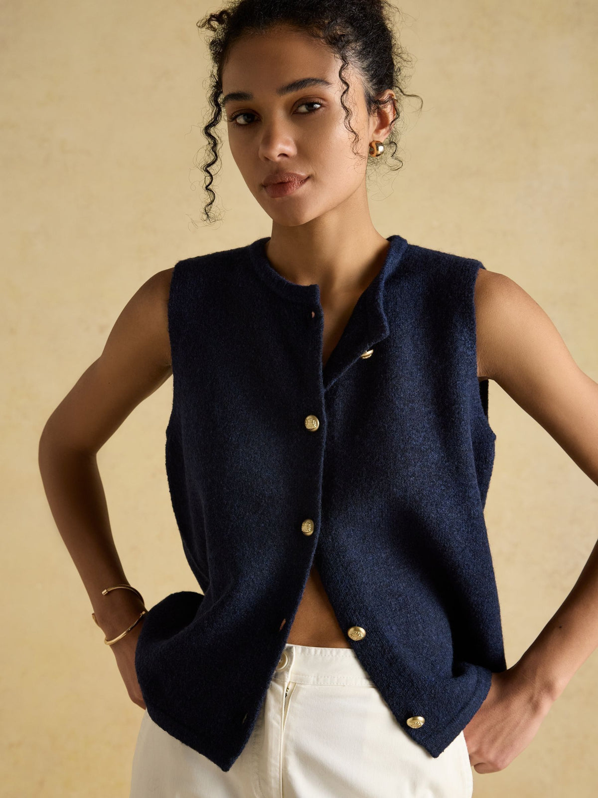 Holly Navy Button Through Knitted Vest