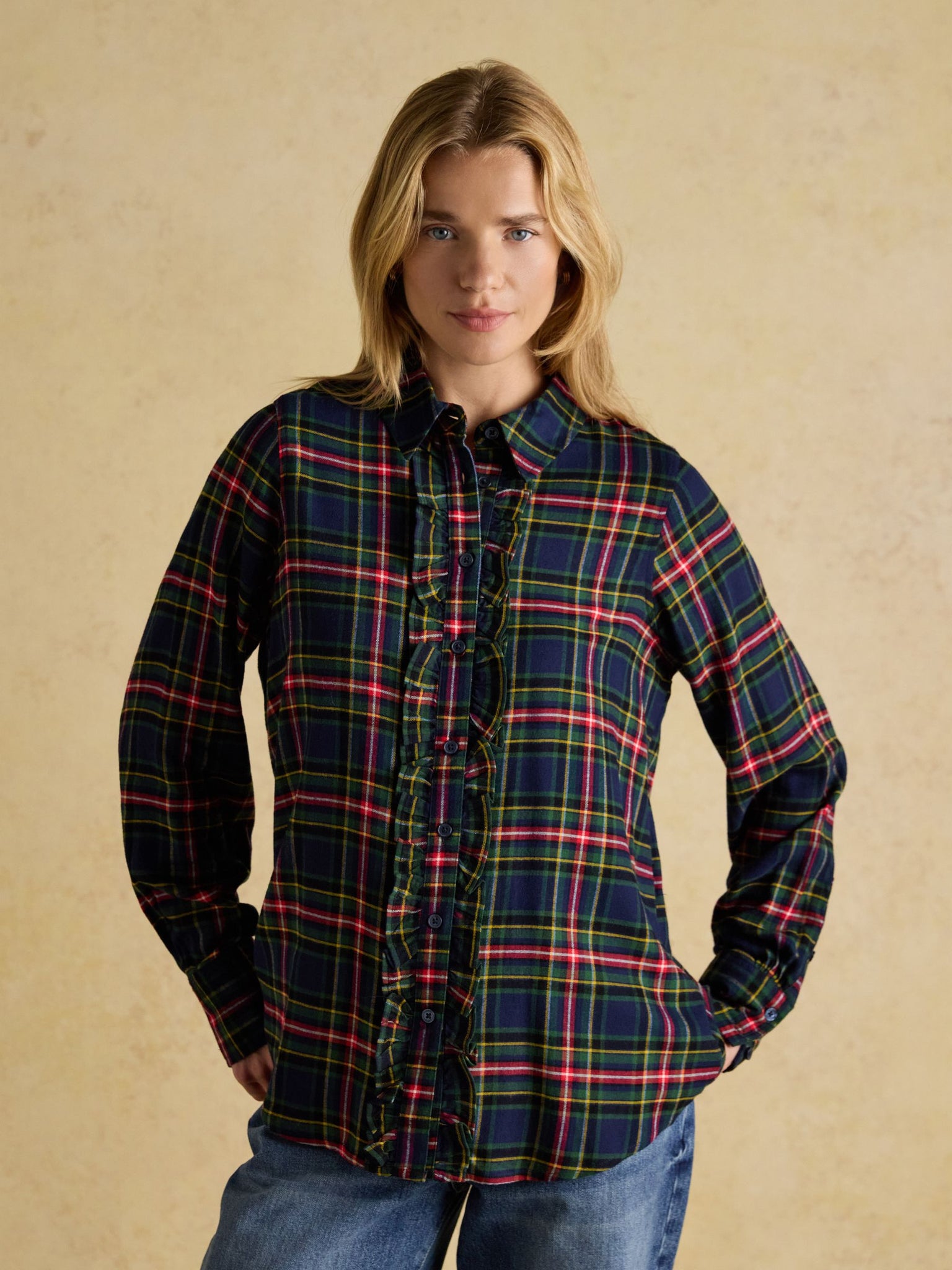 Selene Navy Brushed Ruffle Shirt
