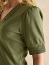 Tabitha Khaki Green Ribbed V-Neck Top With Puff Sleeves