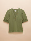 Tabitha Khaki Green Ribbed V-Neck Top With Puff Sleeves