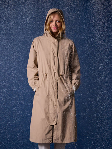 Hensley Tan Brown Waterproof Longline Coat with Packable Hood