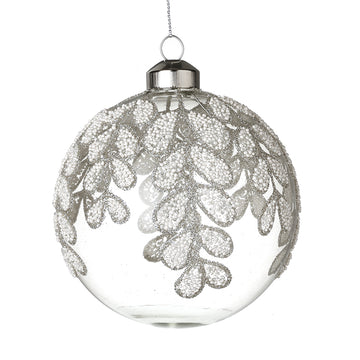 White Beaded Leaf Design Glass Bauble Lg