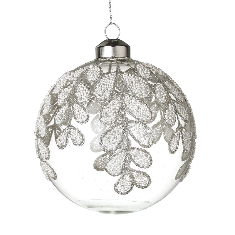White Beaded Leaf Design Glass Bauble Lg