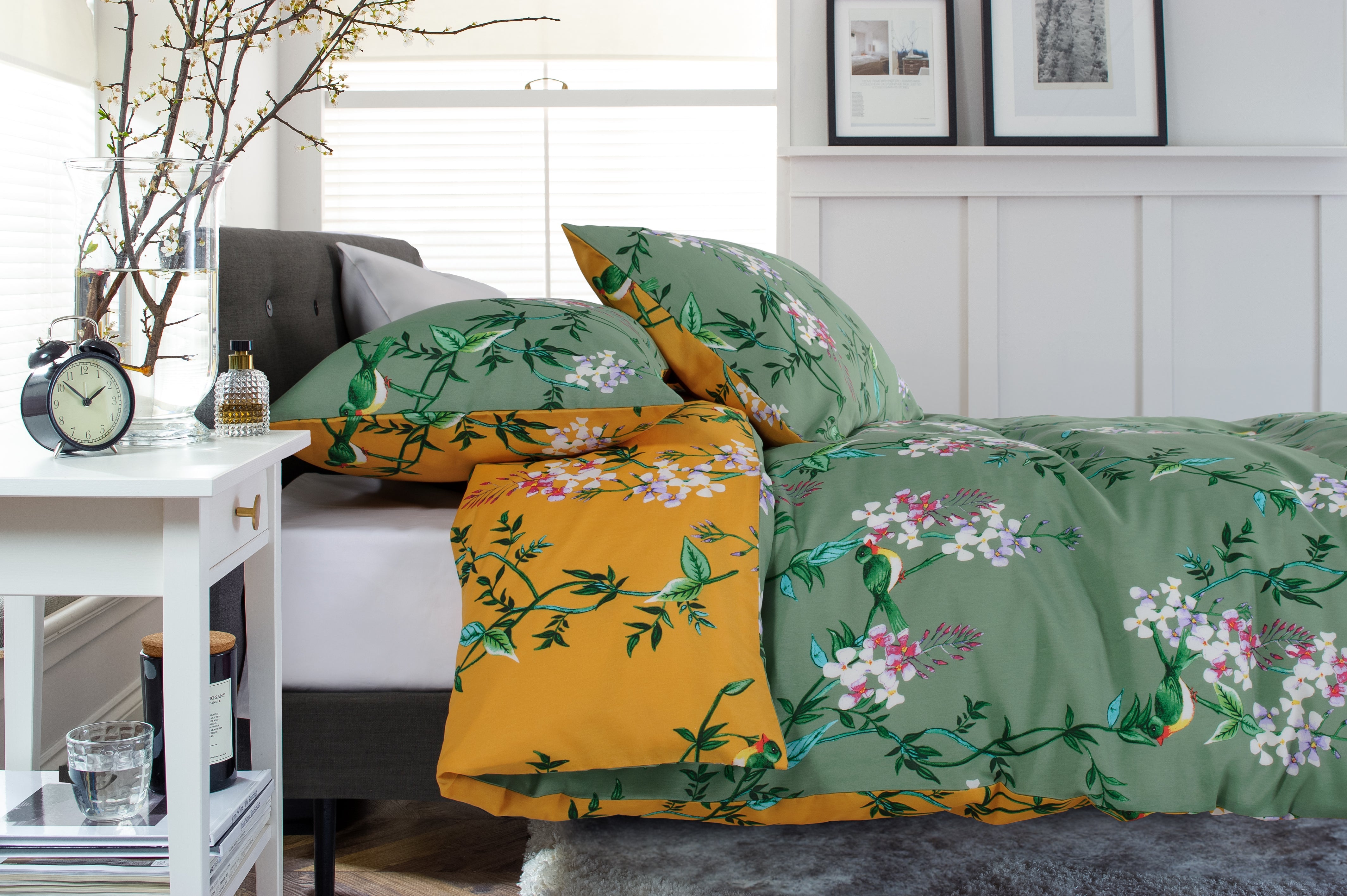 Bird Garden Cotton Rich Duvet Cover Set Sage & Gold