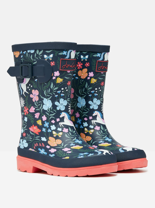 Jnr Navy Blue Printed Wellies