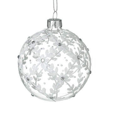 White Flowers & Gems Clear Glass Bauble