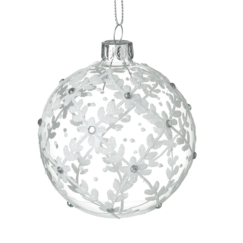 White Flowers & Gems Clear Glass Bauble