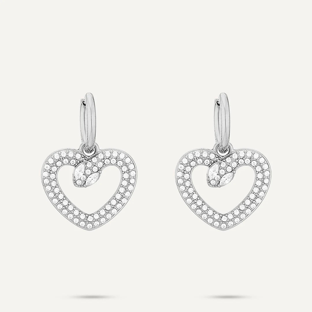 Vibes Pavé Heart Hoop Earrings, White Gold-Plated Stainless Steel