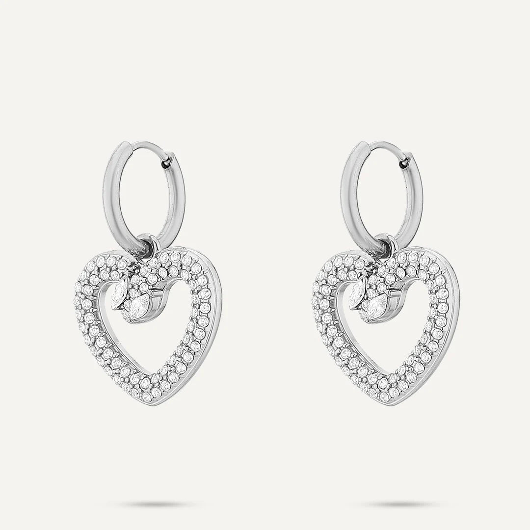 Vibes Pavé Heart Hoop Earrings, White Gold-Plated Stainless Steel