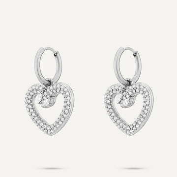 Vibes Pavé Heart Hoop Earrings, White Gold-Plated Stainless Steel