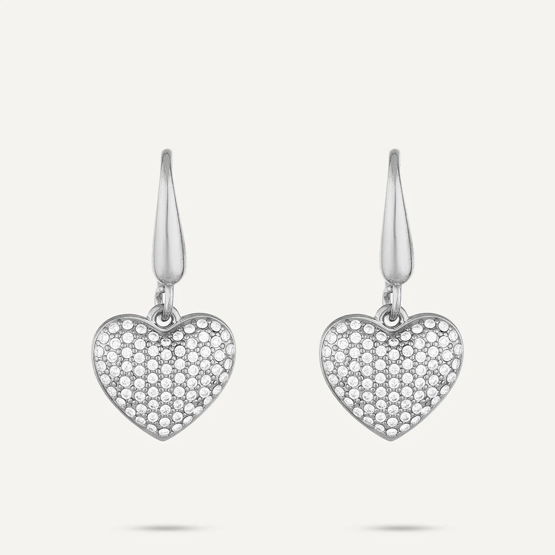 Vibes Pavé Heart Drop Earrings, White Gold-Plated Stainless Steel