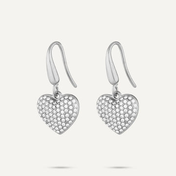 Vibes Pavé Heart Drop Earrings, White Gold-Plated Stainless Steel