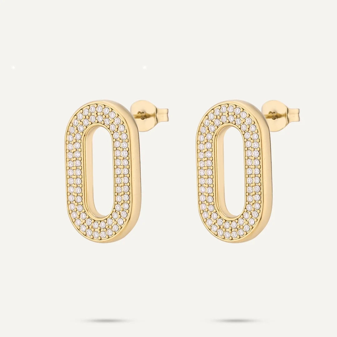 Vibes Pavé Oval Stud Earrings, Gold-Plated Stainless Steel
