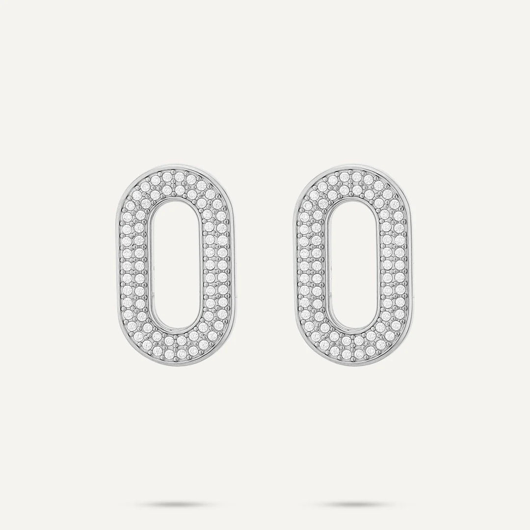 Vibes Pavé Oval Stud Earrings, White Gold-Plated Stainless Steel