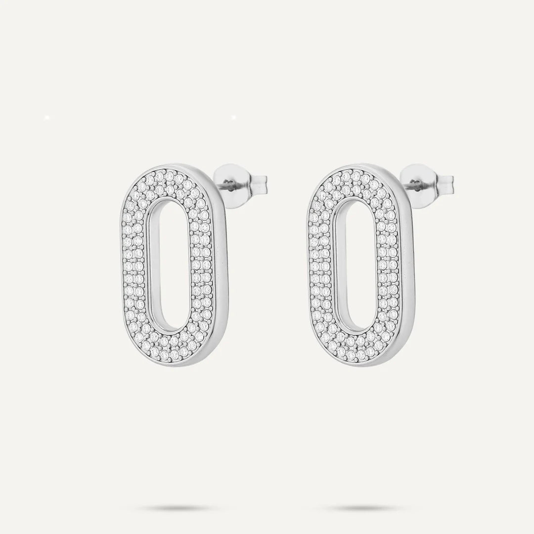 Vibes Pavé Oval Stud Earrings, White Gold-Plated Stainless Steel