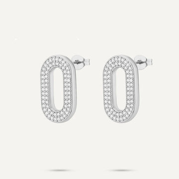 Vibes Pavé Oval Stud Earrings, White Gold-Plated Stainless Steel