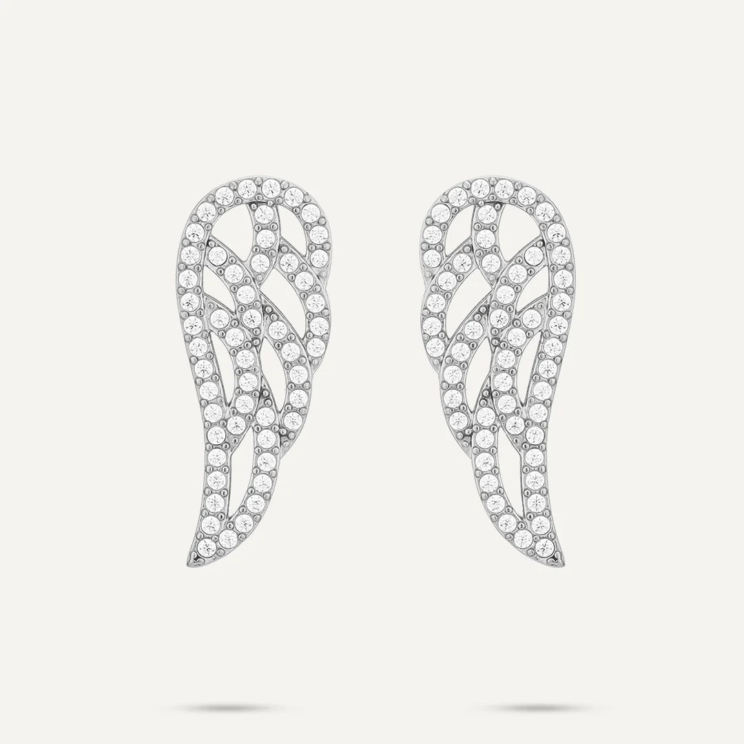 Vibes Pavé Wing Stud Earrings, White Gold-Plated Stainless Steel