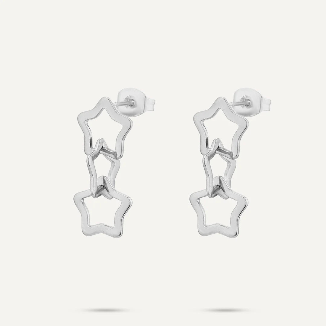 Vibes Triple Star Drop Earrings, White Gold-Plated Stainless Steel