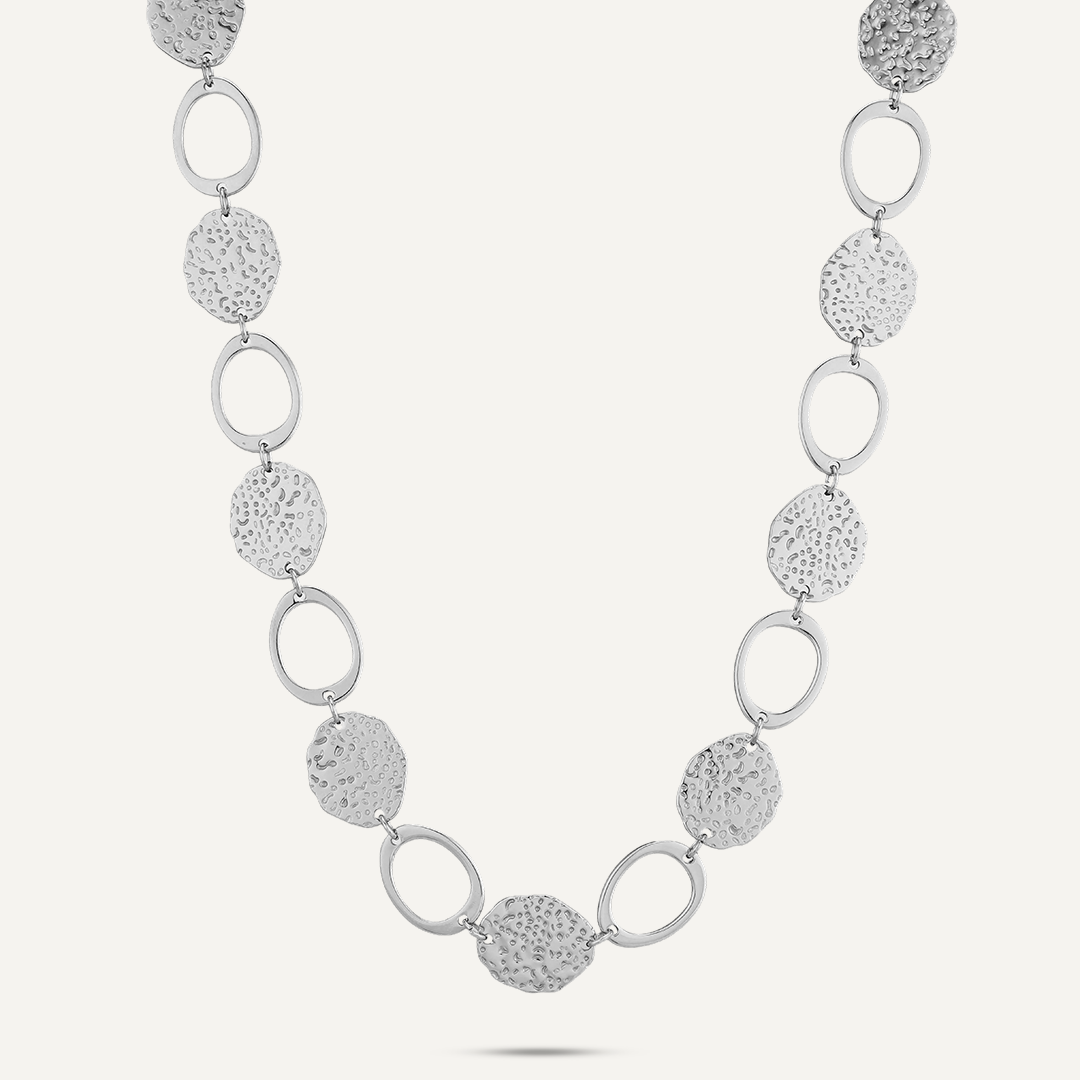 Vibes Textured Disc & Oval Necklace, White Gold-Plated Stainless Steel