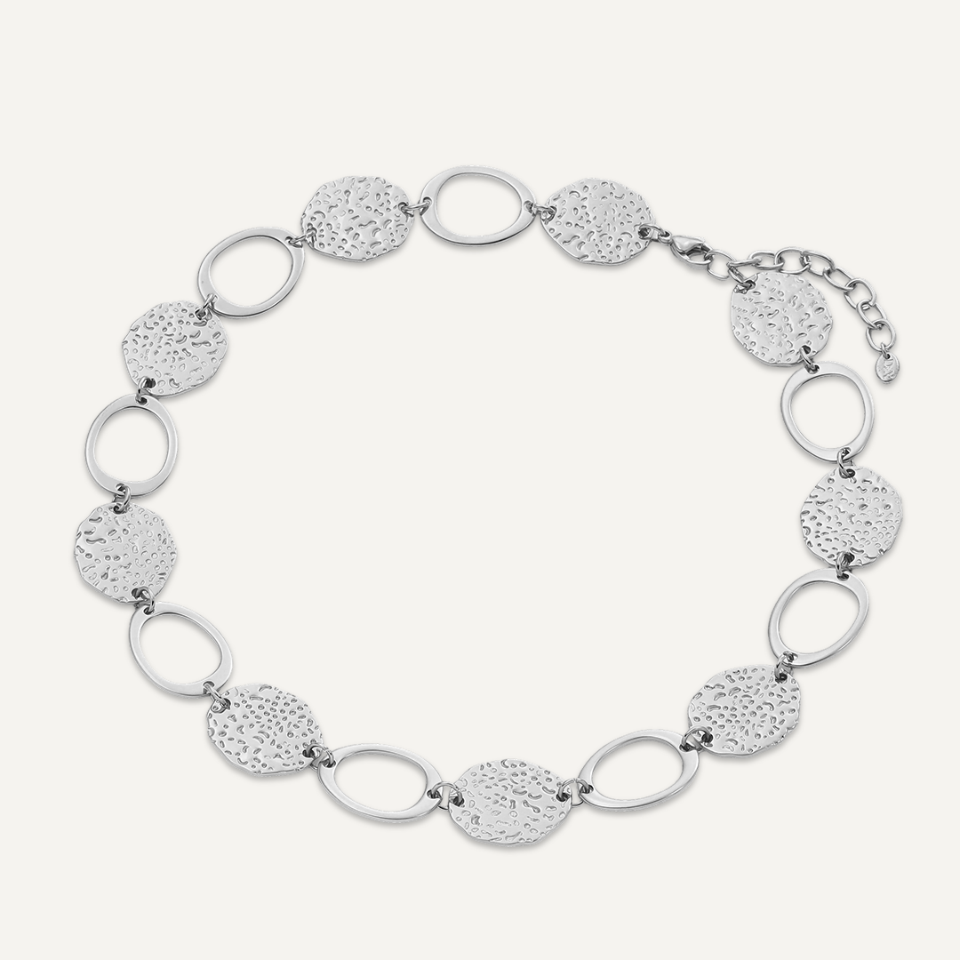 Vibes Textured Disc & Oval Necklace, White Gold-Plated Stainless Steel