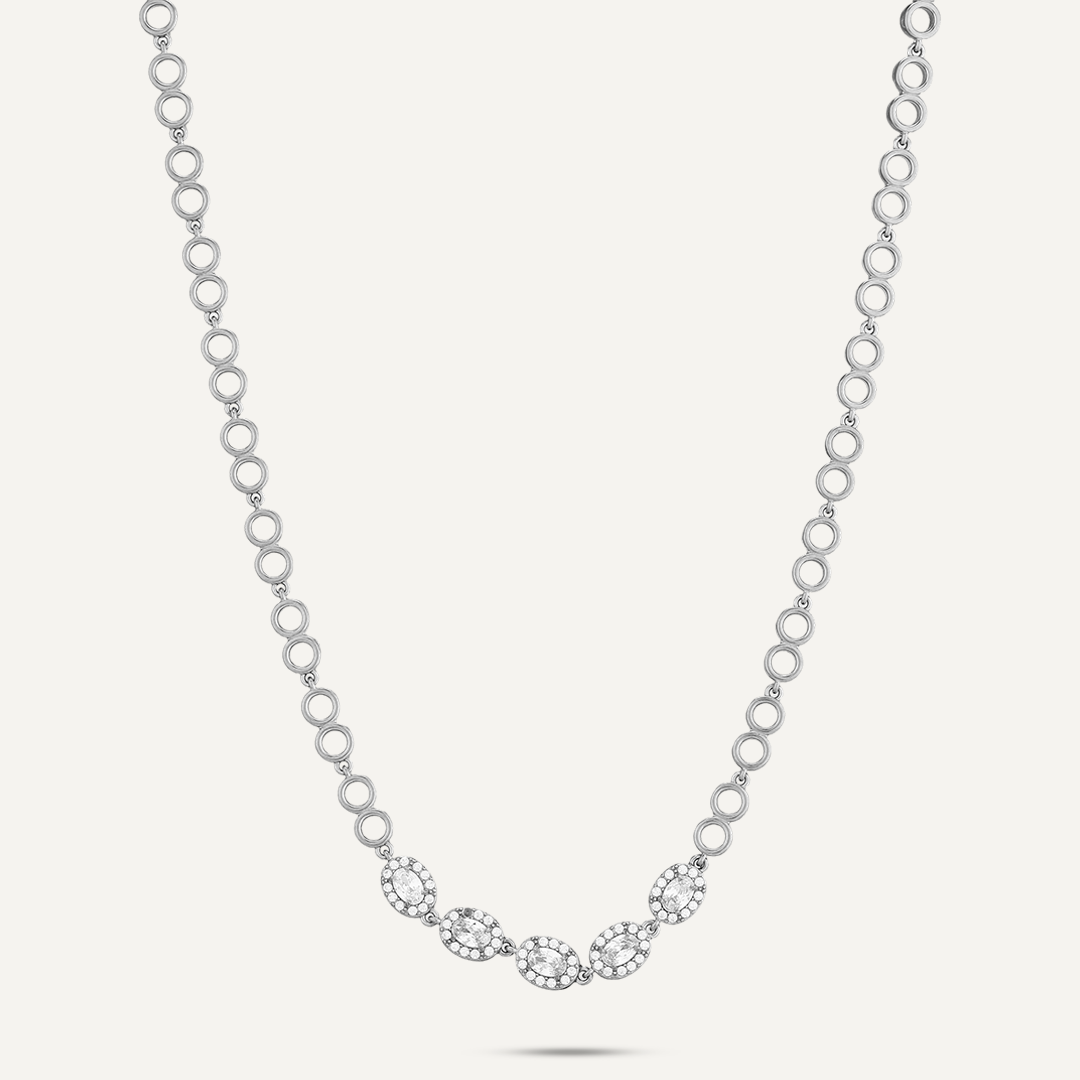 Vibes Crystal Oval Link Necklace, White Gold-Plated Stainless Steel