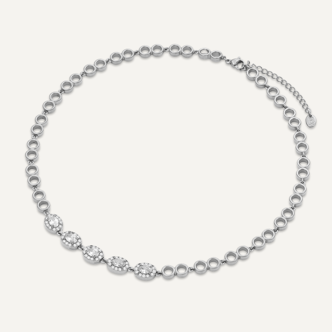 Vibes Crystal Oval Link Necklace, White Gold-Plated Stainless Steel