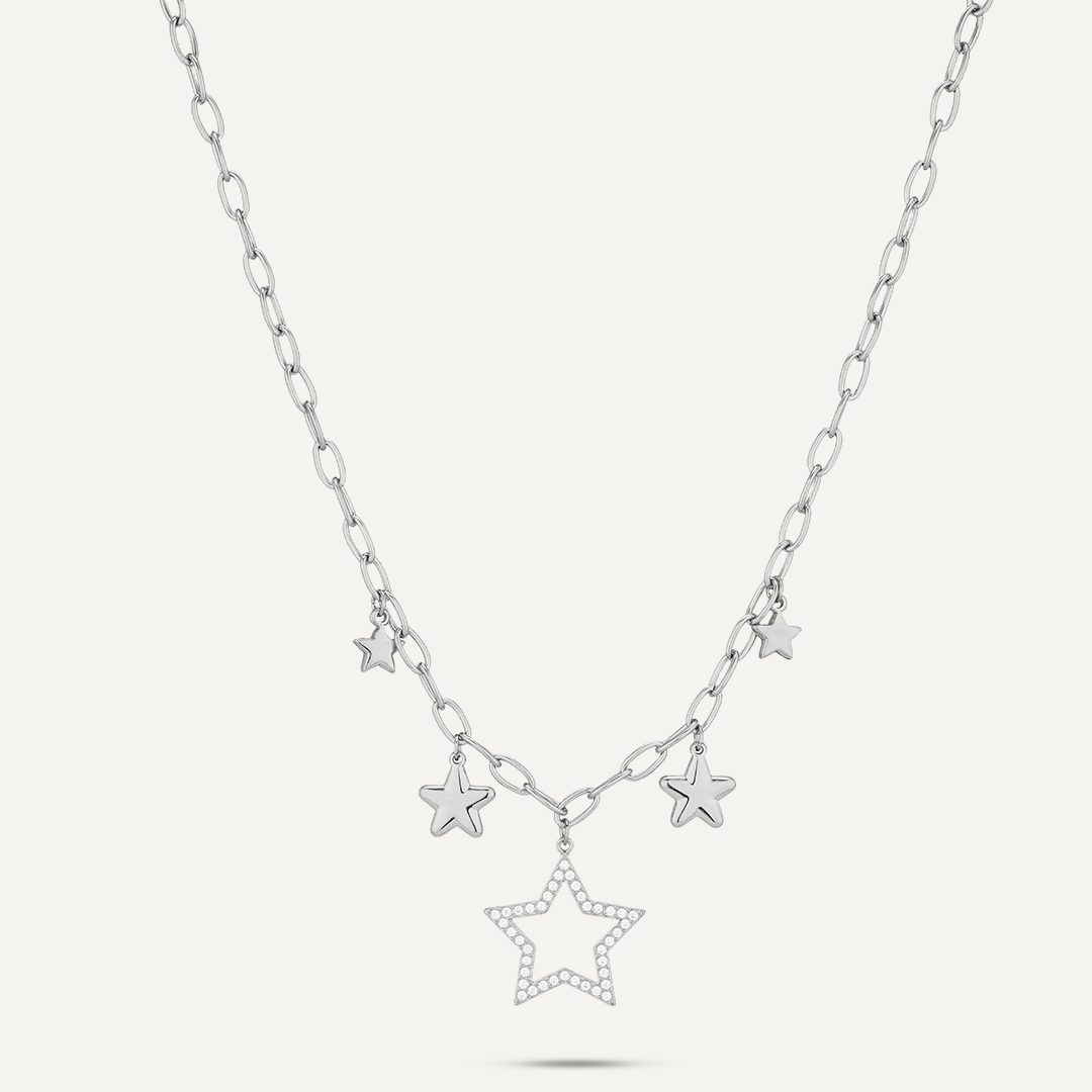 Vibes Star Charm Necklace, White Gold-Plated Stainless Steel