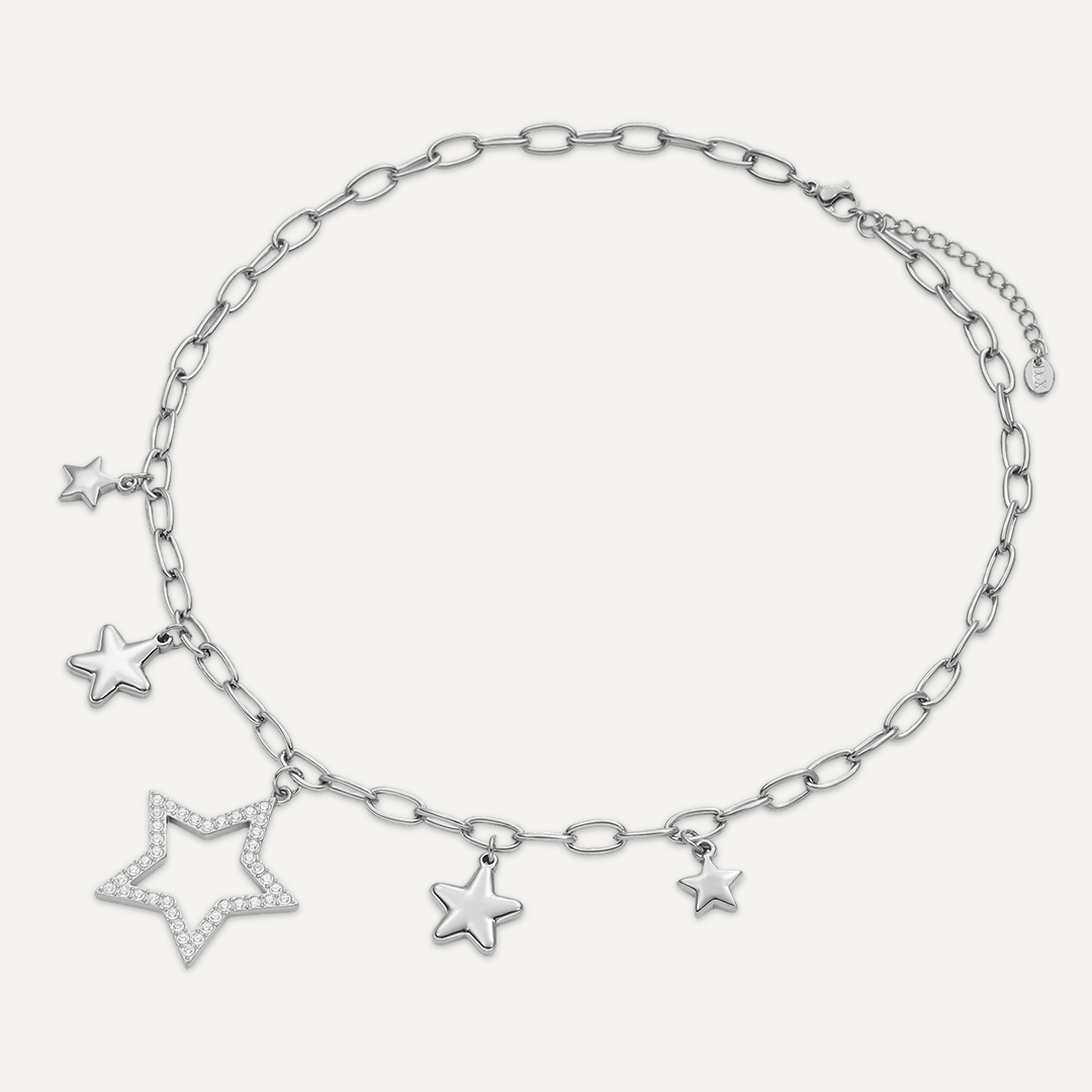Vibes Star Charm Necklace, White Gold-Plated Stainless Steel