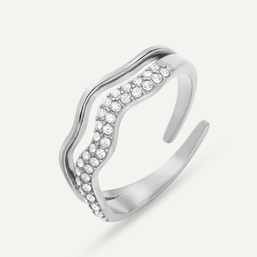 Vibes Wave Pave Adjustable Ring, White Gold-Plated Stainless Steel