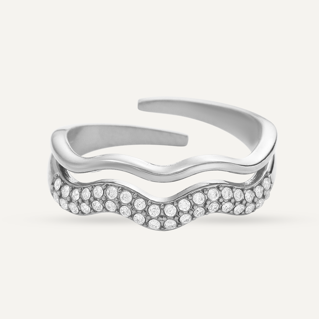 Vibes Wave Pave Adjustable Ring, White Gold-Plated Stainless Steel