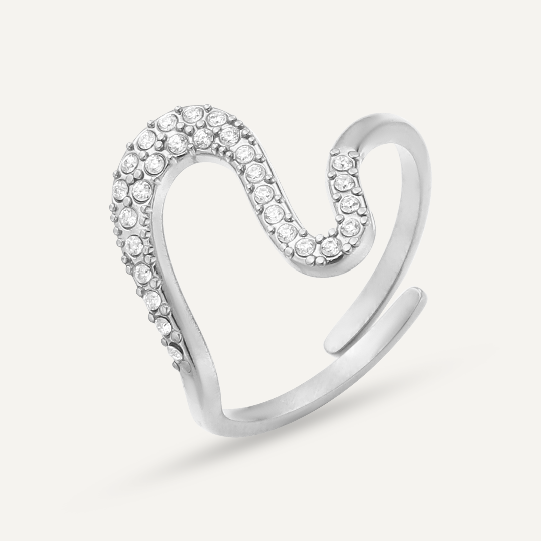 Vibes S-Curve Pave Adjustable Ring, White Gold-Plated Stainless Steel
