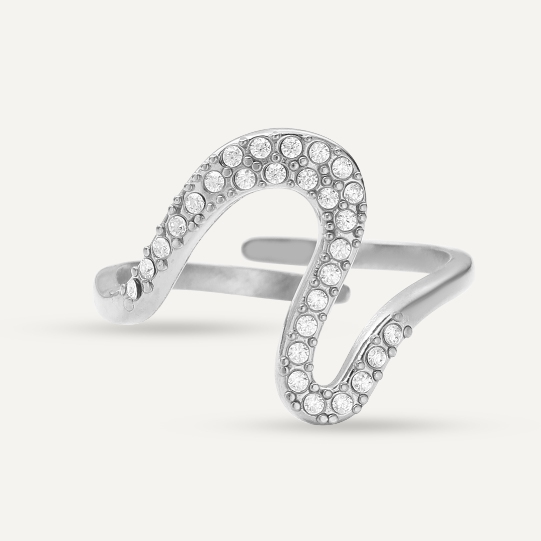 Vibes S-Curve Pave Adjustable Ring, White Gold-Plated Stainless Steel